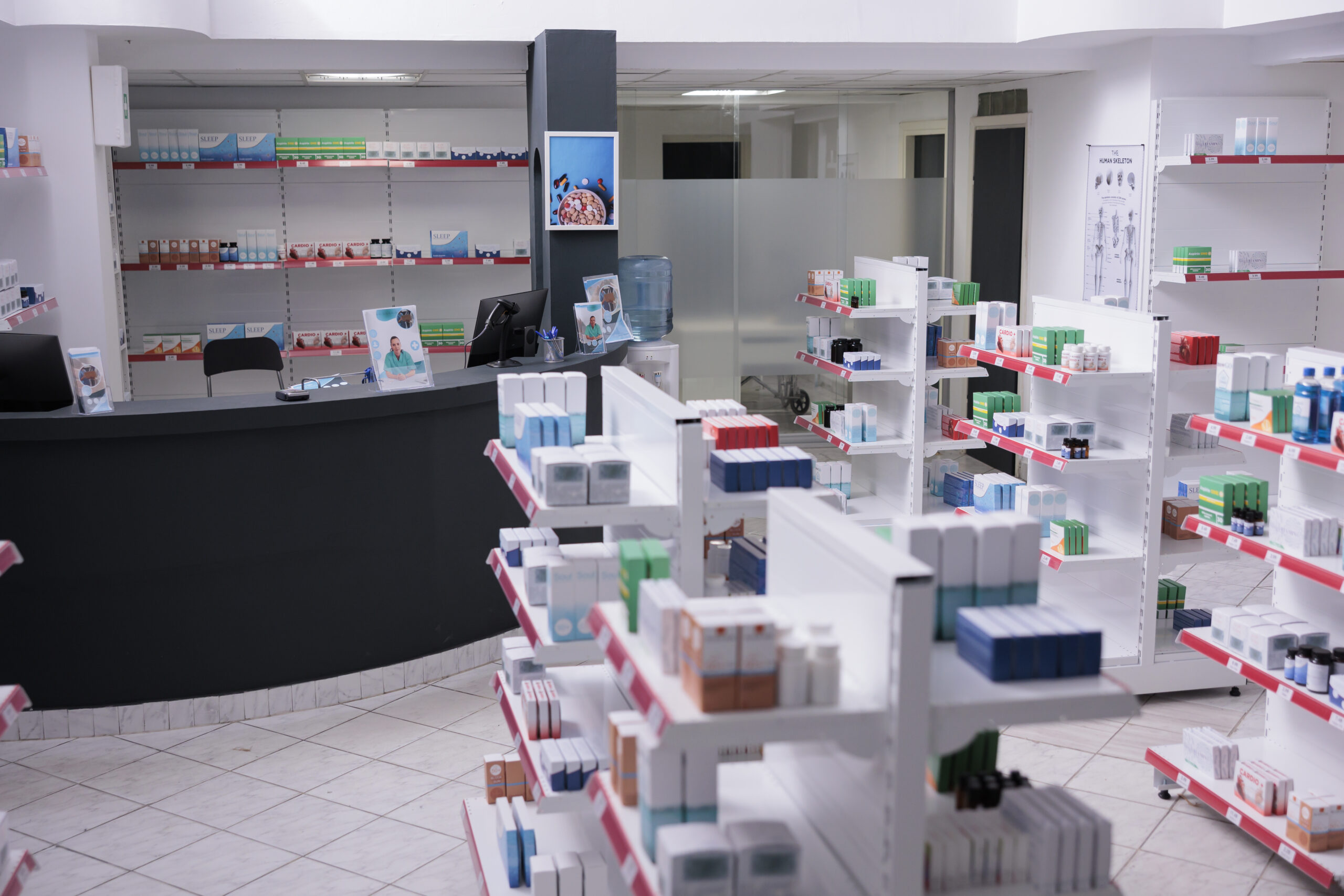 Bright empty drugstore equipped shelves full of supplements