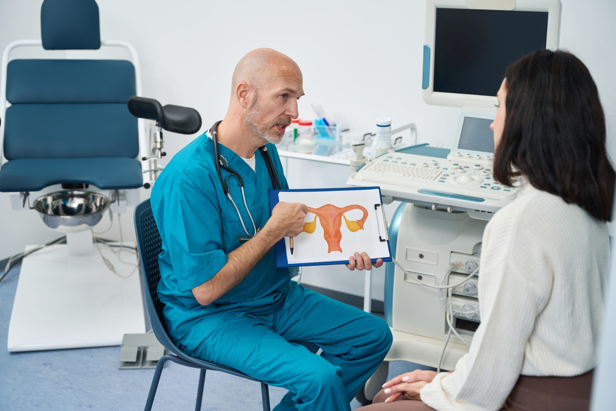 Gynecologist demonstrates structure of the female organs to the patient