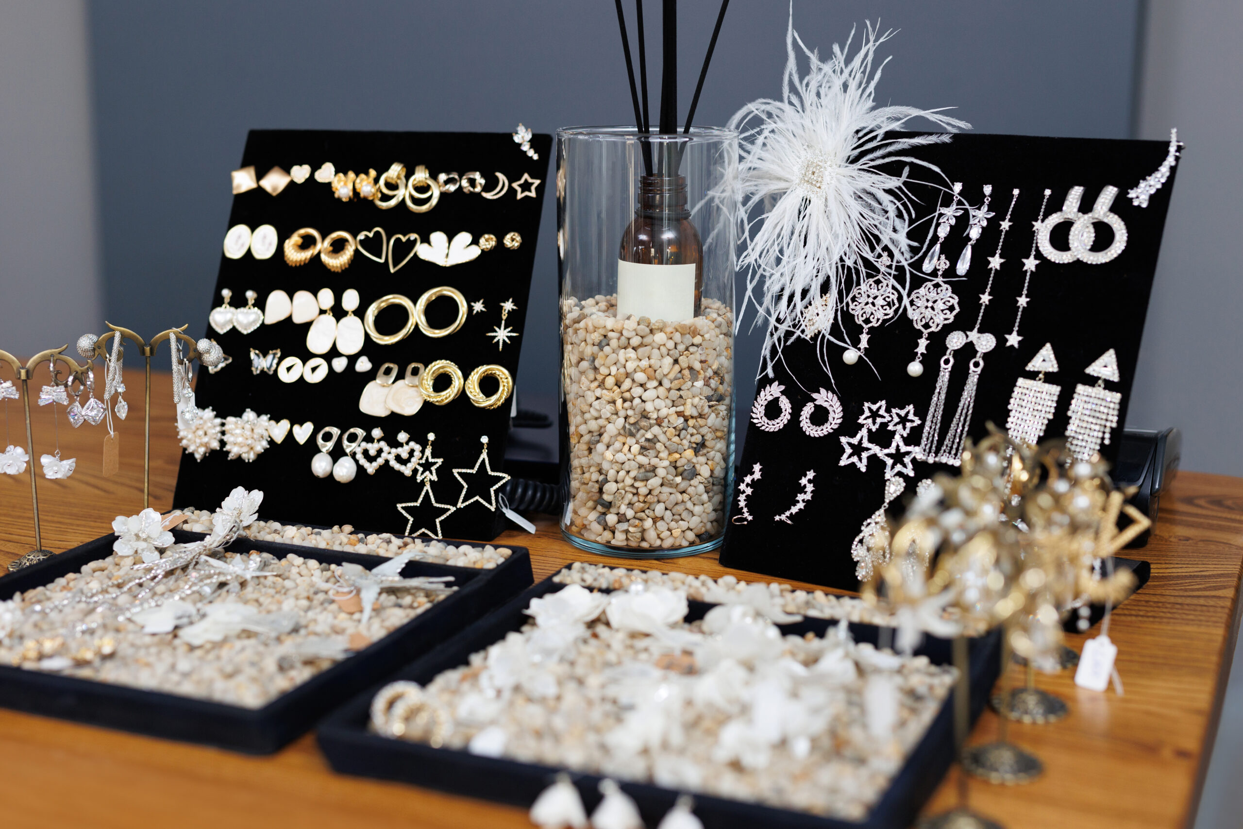 Close-up of jewelry for the bride in the wedding salon.