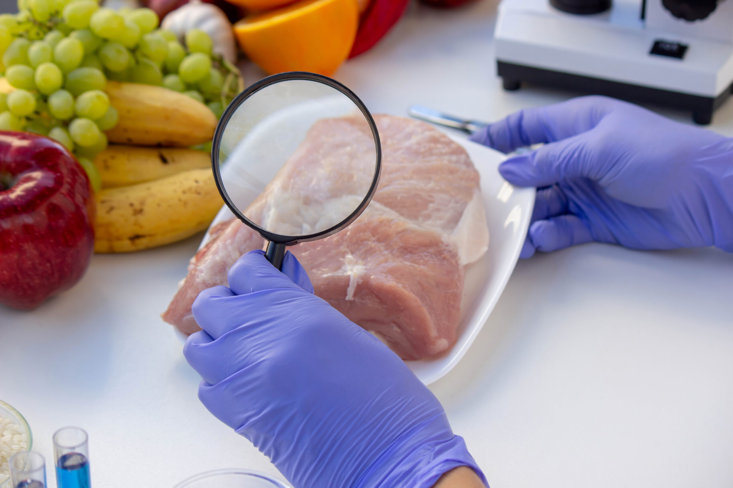 Meat and Food Quality Control Laboratory Testing with a Magnifying Glass