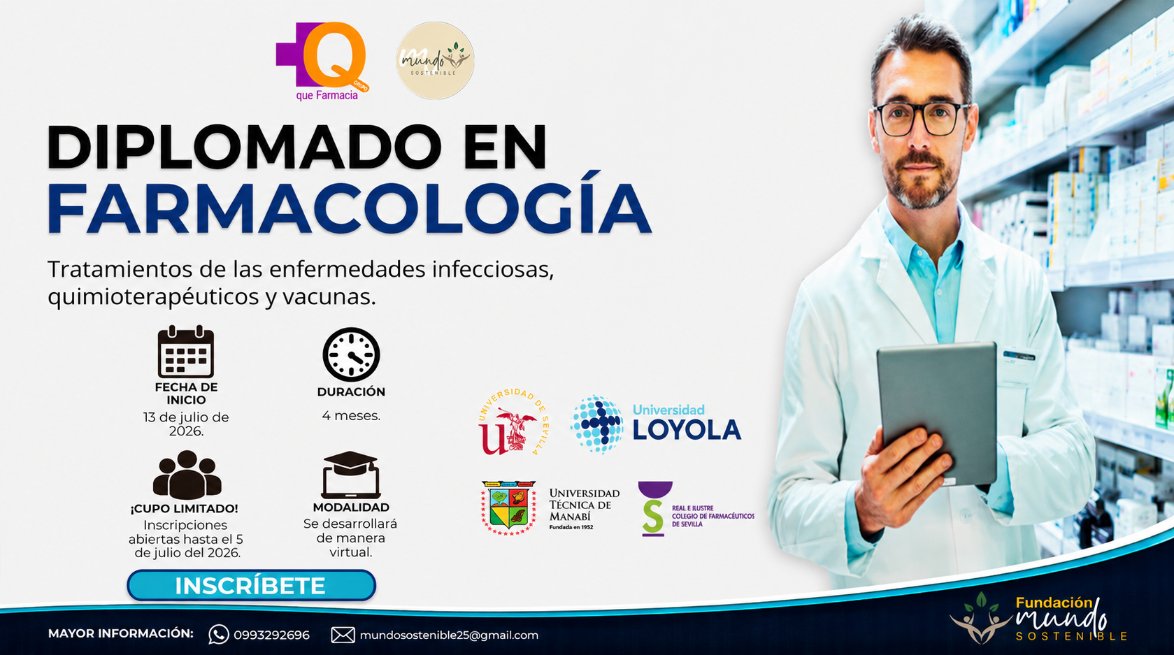 Banner del Diplomado en Farmacología con información sobre el curso.