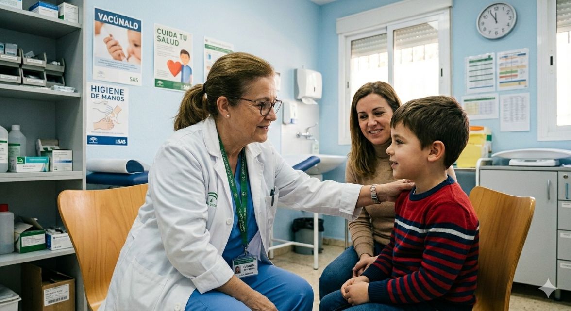 Atención sanitaria familiar Enfermera atendiendo a un niño y su madre en consulta médica
