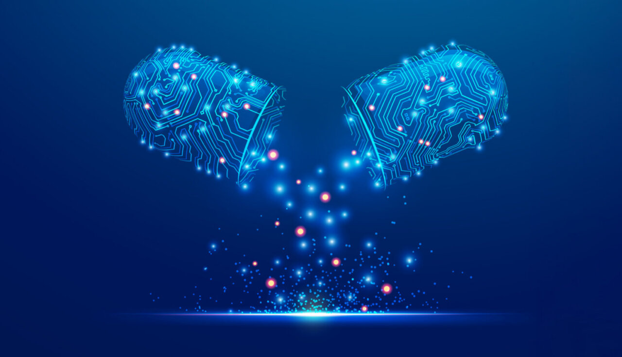 Innovación biomédica y Horizon Scanning Ilustración de cápsulas digitales rompiéndose y liberando partículas de luz