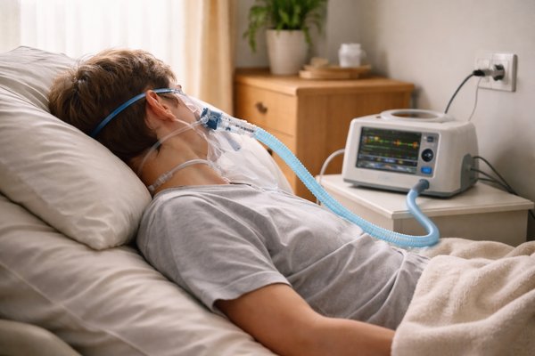 Paciente con ventilador portátil en cama recibiendo atención médica