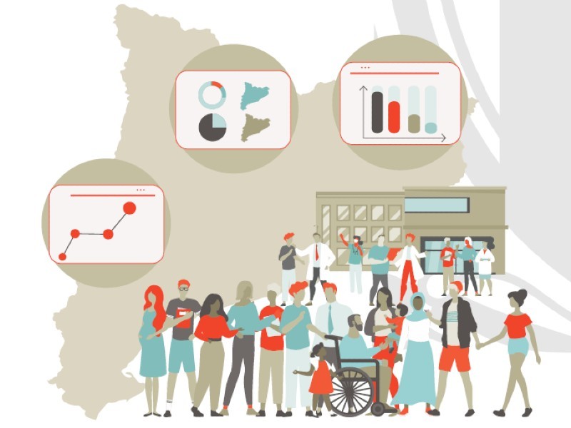 Percepción de Salud en Cataluña 2025 Ilustración de personas en Cataluña con gráficos sobre salud pública